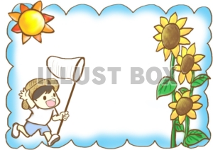 夏の太陽　ひまわりと子供フレーム　飾り枠