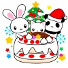 クリスマスケーキと仲良し動物達（うさぎ・猫・パンダ）のイラスト