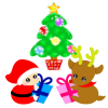 ベイビィ サンタ＆トナカイ（クリスマスツリーとプレゼント）【透過PNG】