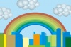 都市の町並みと虹のかかる風景