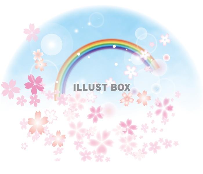 青空にかかる虹と桜の花のイラスト【透過PNG】