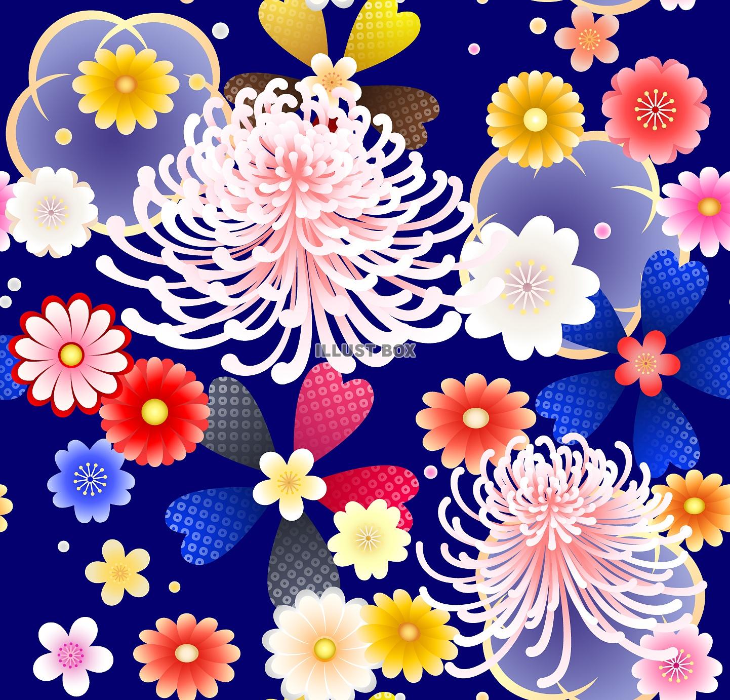 和風菊と桜の青地パターン（jpg・eps）