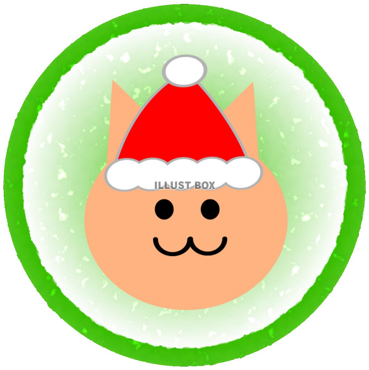 クリスマス　猫　緑丸枠（透過PNG）