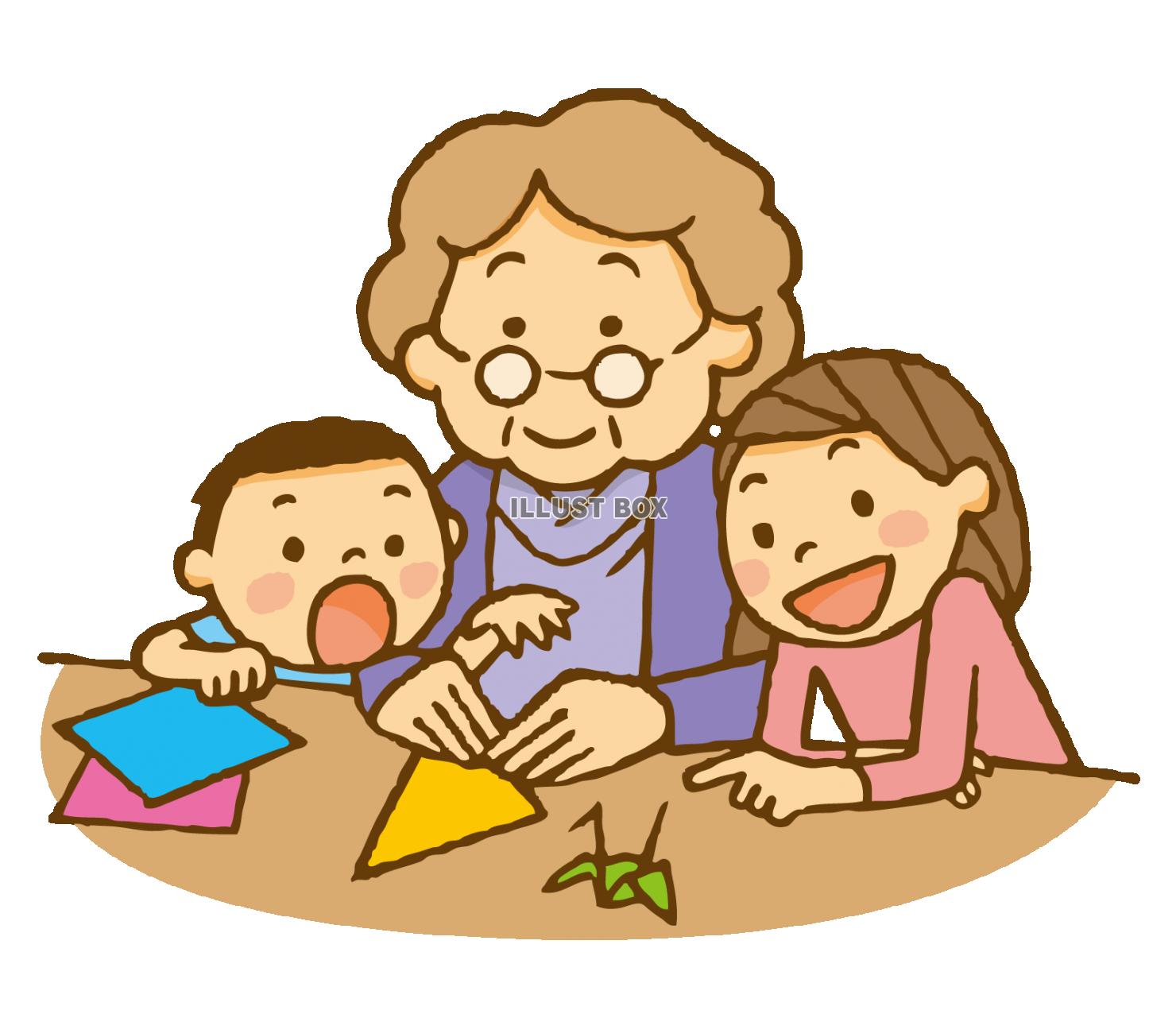 敬老の日おばあちゃんと孫で折紙遊び子ども折り鶴兄弟団らん