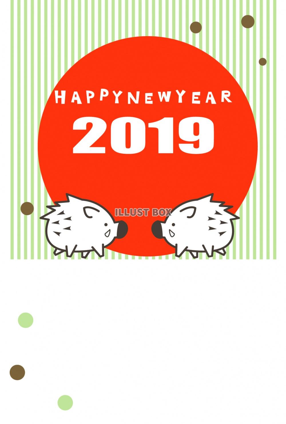 2019年　年賀状　朱色の円と二頭の白イノシシ