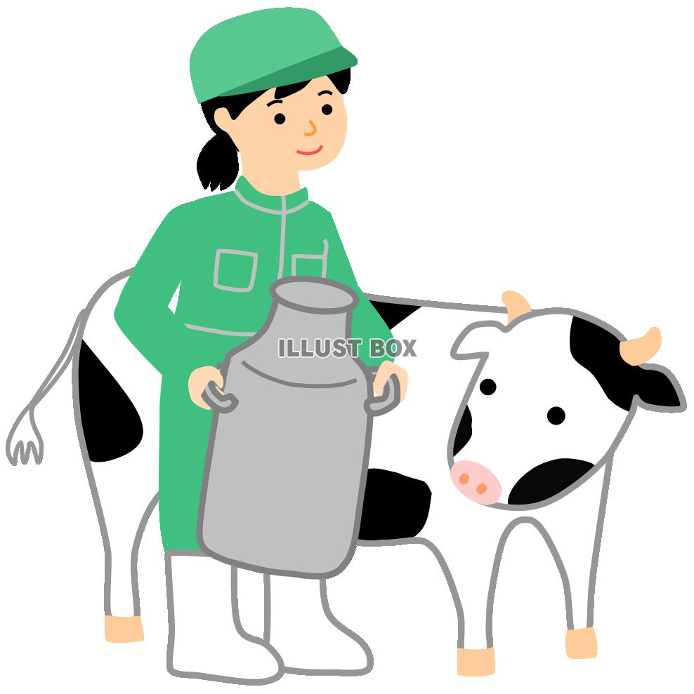 酪農家と牛２（畜産、ホルスタイン、ミルク缶、うし、牧場）