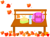 秋のベンチとお弁当（遠足、行楽、紅葉、落ち葉、プラタナス、公園）
