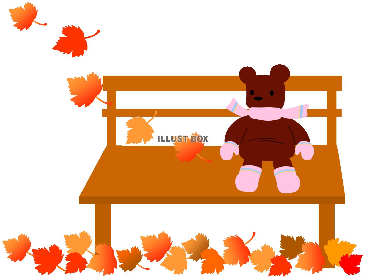 秋のベンチと熊のぬいぐるみ１（紅葉、落ち葉、プラタナス、公園...