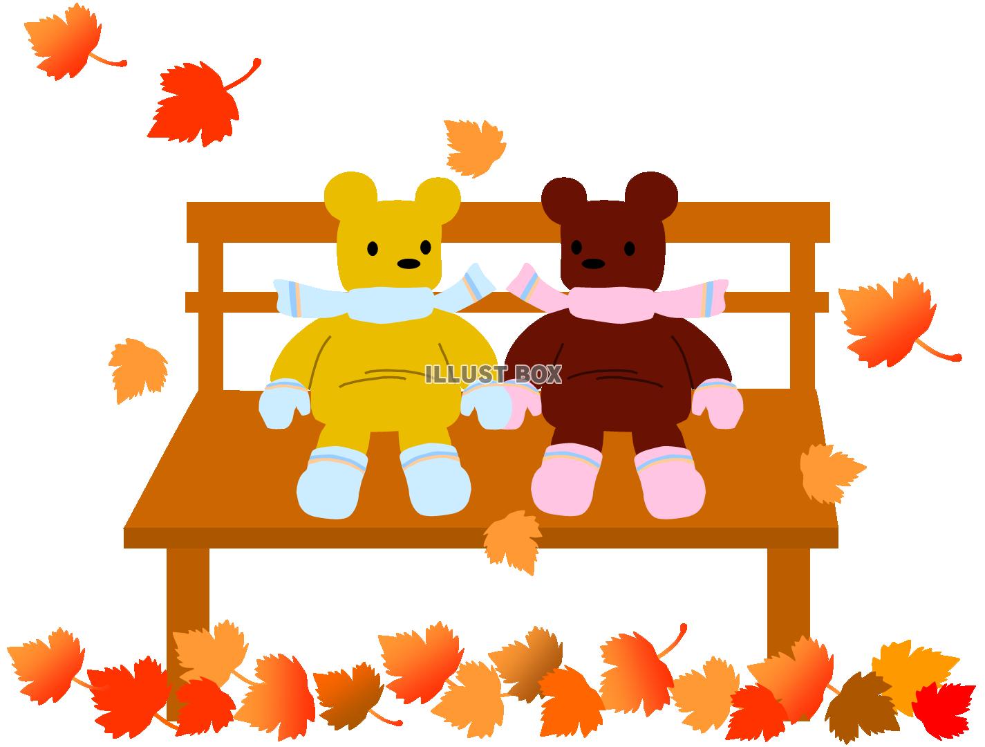 秋のベンチと熊のぬいぐるみ３（紅葉、落ち葉、プラタナス、公園...
