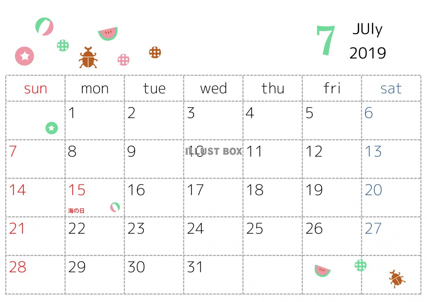 2019年7月カレンダー　ドットとモチーフ