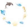 海の動物のサークルフレーム　水彩風　(シャチ、マンボウ、ヒトデ、ウミガメ、ホタテ