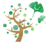手描き風笑顔のイチョウの葉と緑の木