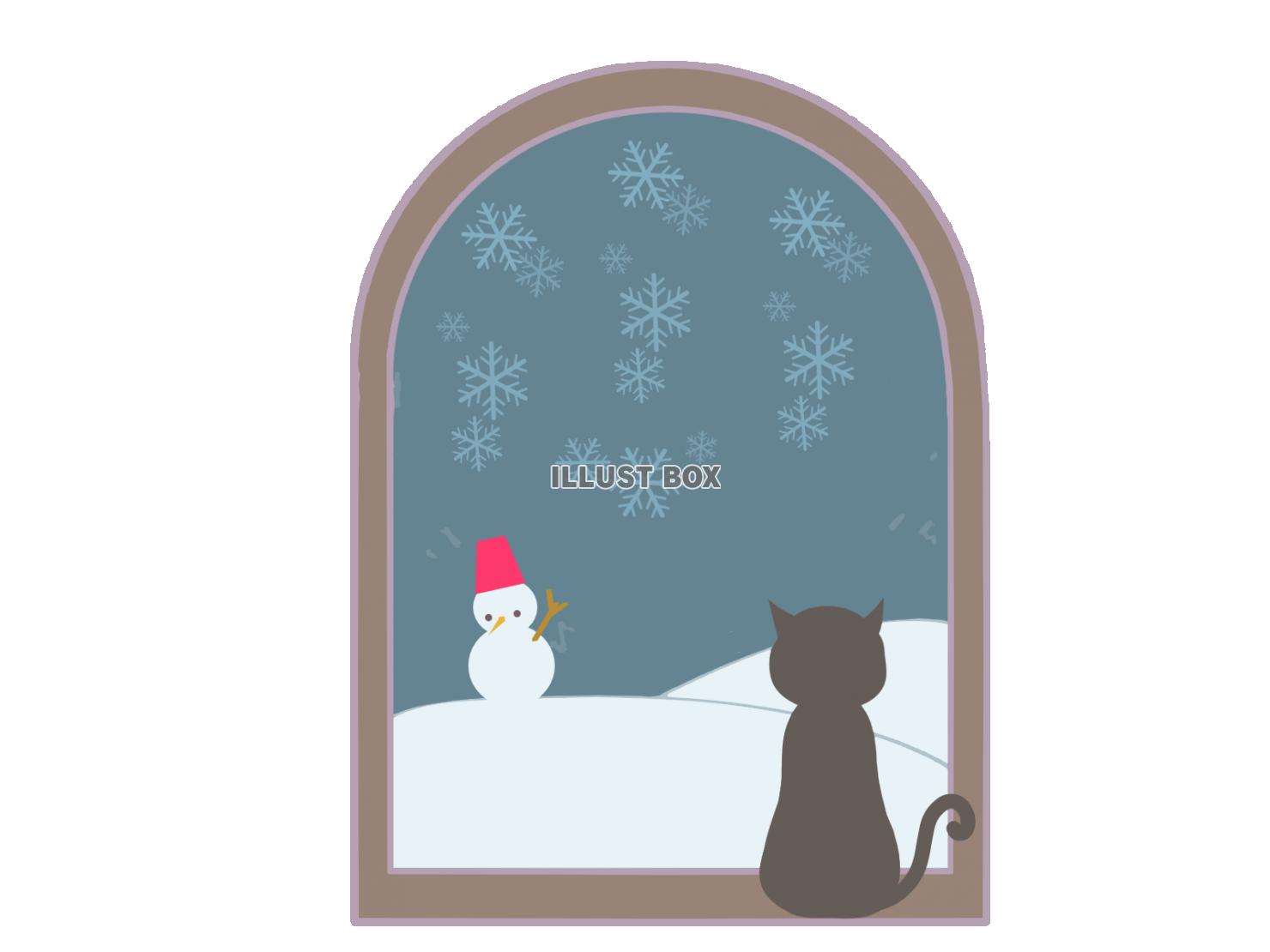窓から雪景色を見る猫のイラスト