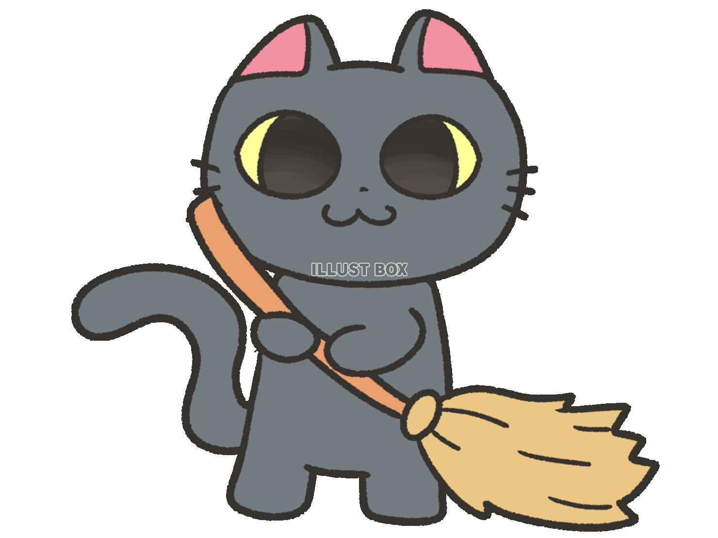 掃除するかわいい黒猫、ほうき