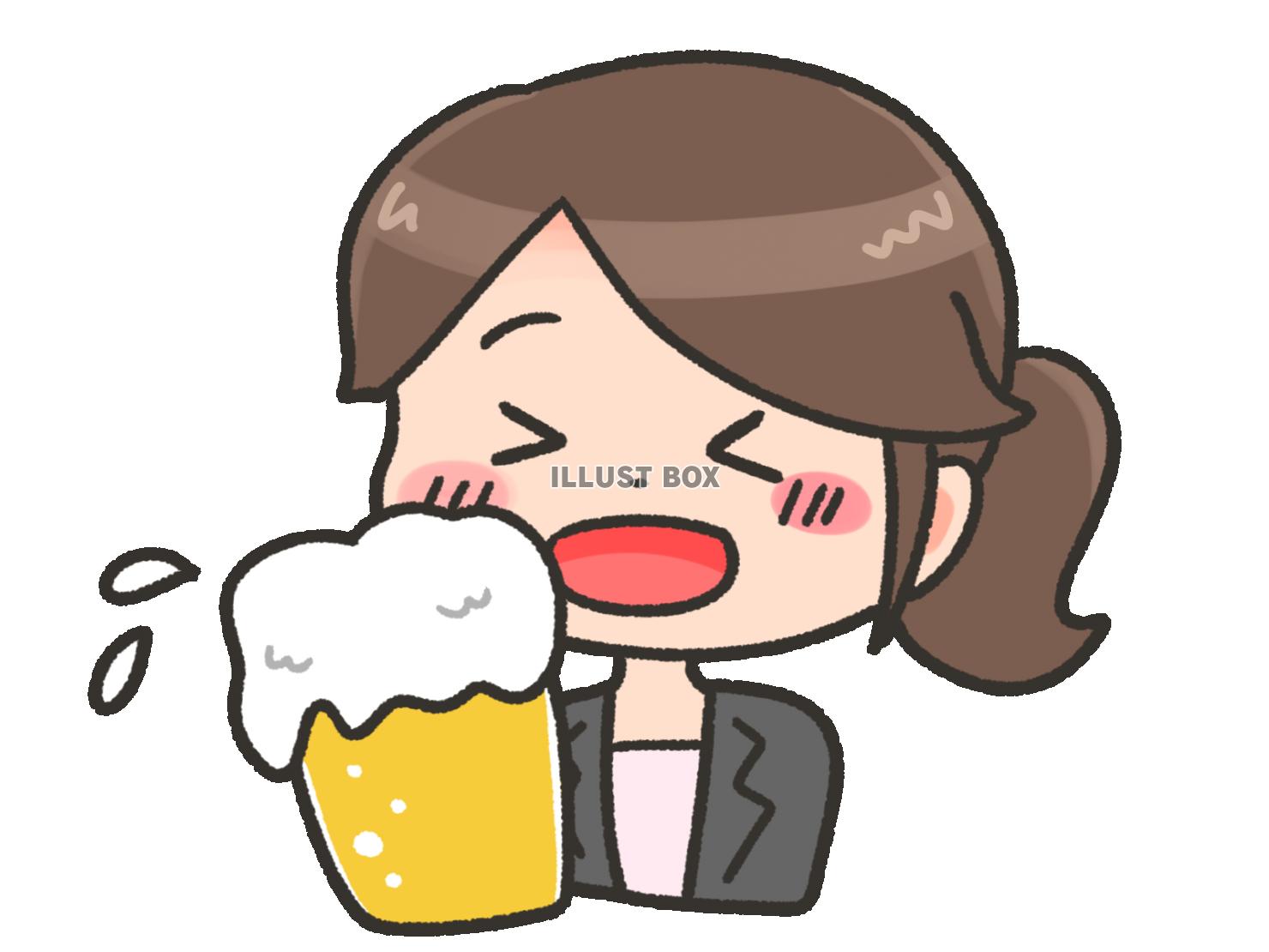ビールで乾杯するスーツの女性