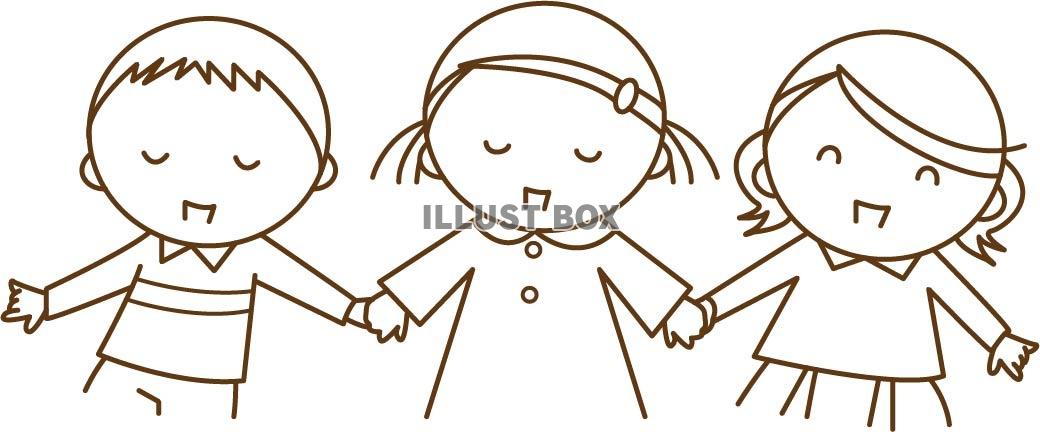 手をつなぐ子どもたちの線画イラスト