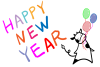風船をくわえた牛のHappy new year年賀状