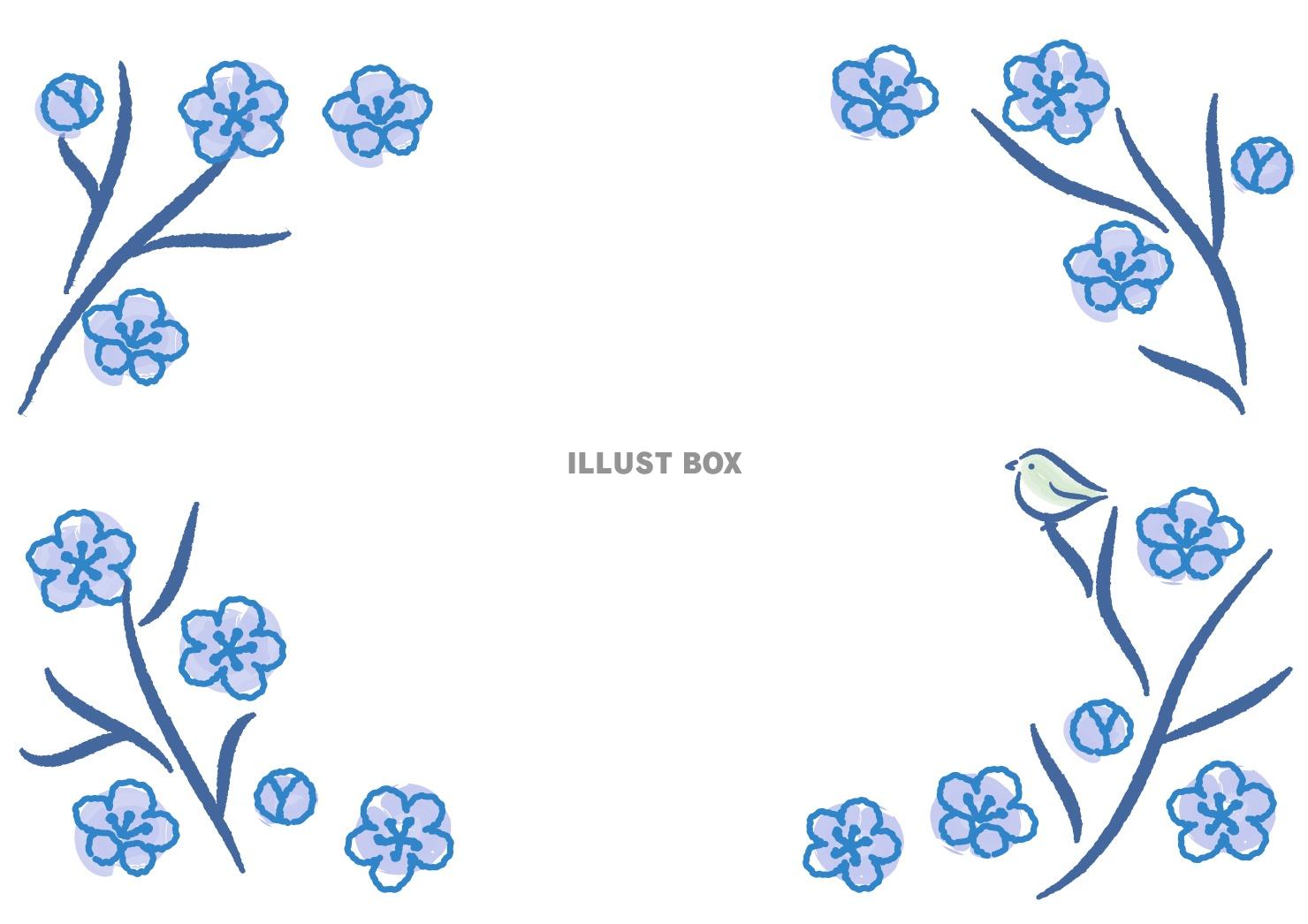 梅の花の手描きフレーム　青