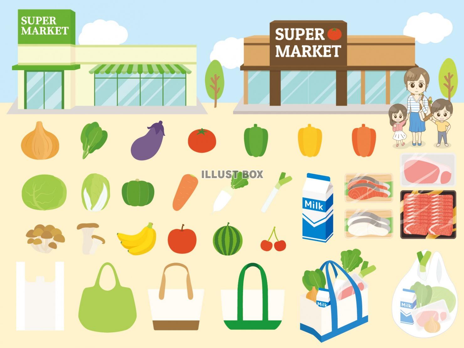 スーパーマーケットセット(レジ袋、ポリ袋、買い物袋、トートバ...