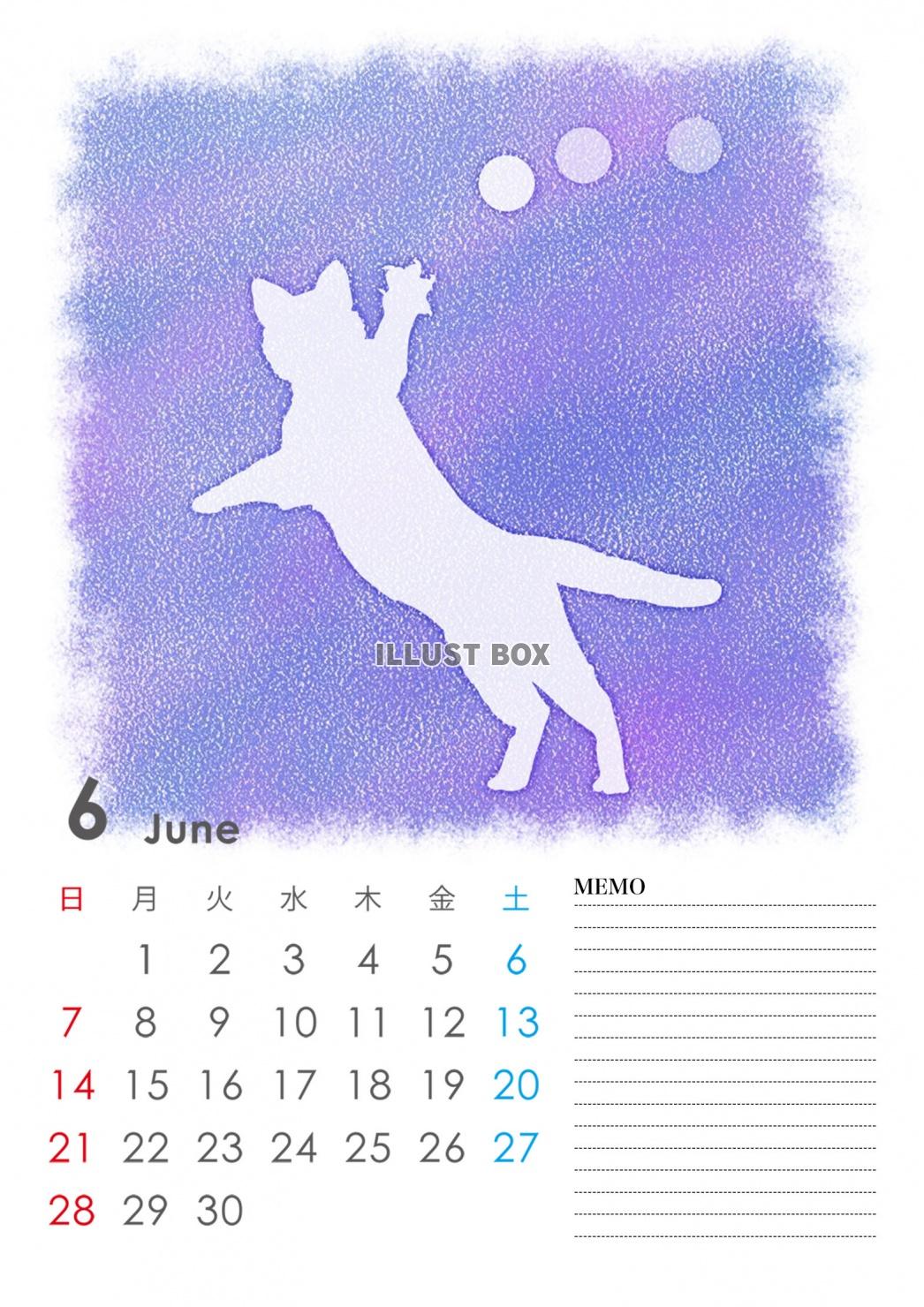 2020年　メモ欄つき　猫のシルエットカレンダー　6月