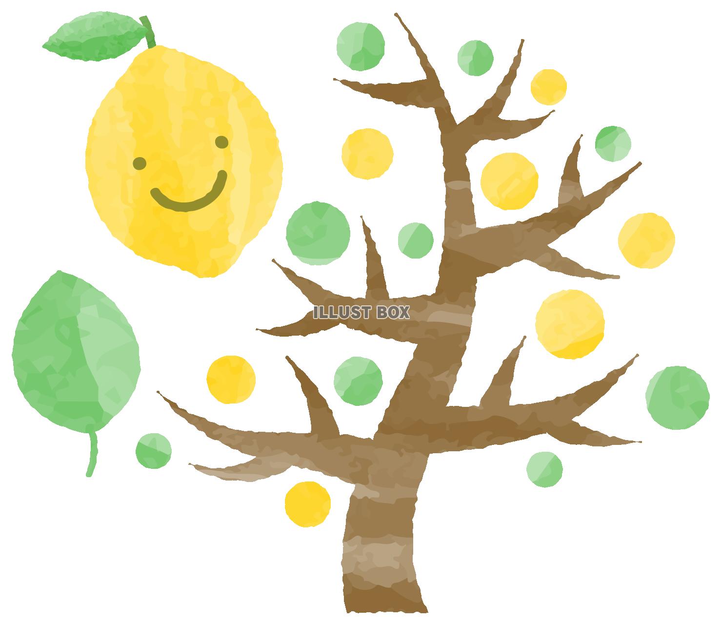 手描き風笑顔のレモンとレモンの木