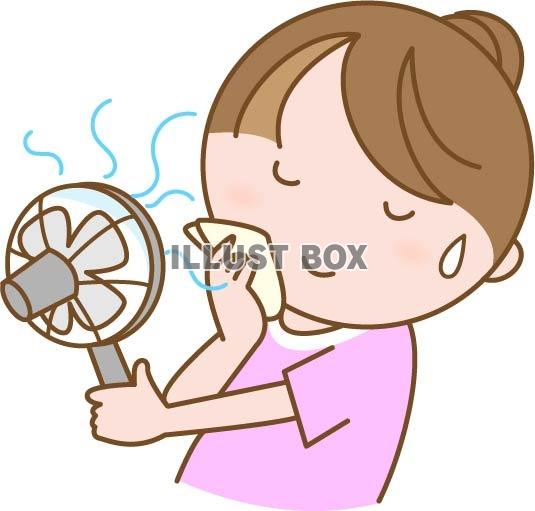 携帯用のミニ扇風機で涼む女性