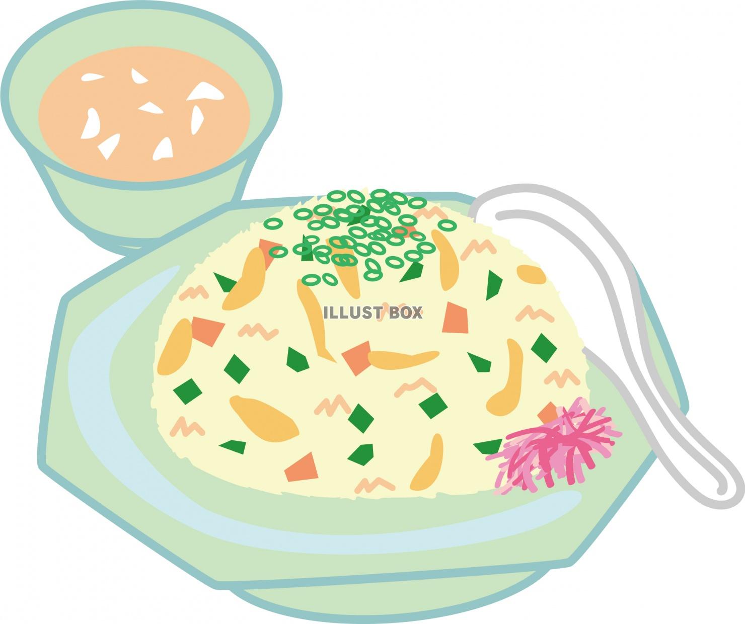 パラパラ炒めの炒飯とスープセットのイラスト