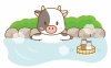 温泉でミルクを飲む入る牛さん2(丑、うし、正月、干支、年賀状、銭湯、牛乳、旅行、