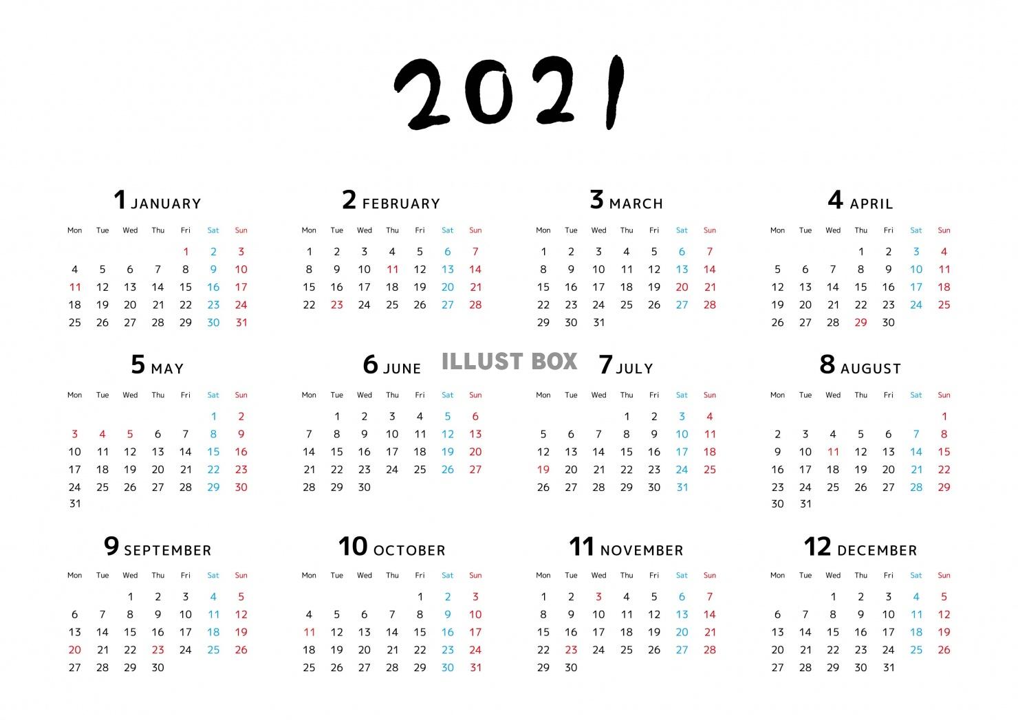 とてもシンプルな年間カレンダー　2021年　ヨコ
