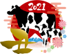 2021年丑年年賀状初日の出と牛親子ワンポイント