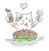 ゆるい手描き風イラスト　広島風お好み焼きを食べる猫