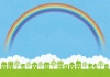 大きな虹の空と町並みの背景イラスト