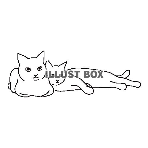 くっついている二匹の仲良しの猫の全身線画イラスト
