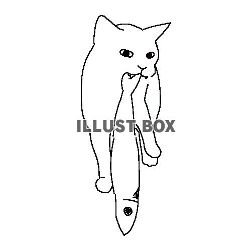 魚を咥える猫の全身線画イラスト