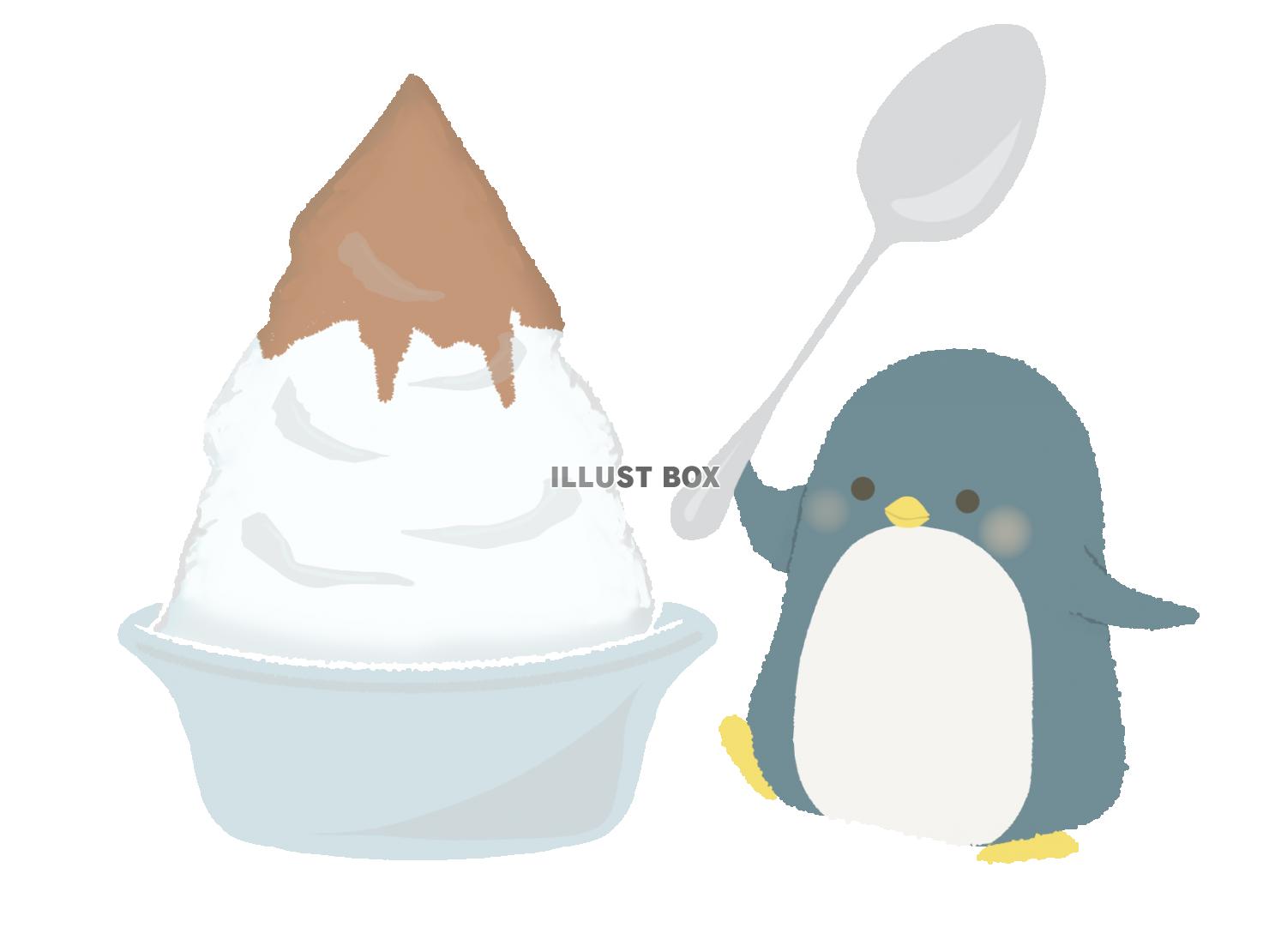 夏　かき氷を食べるペンギンのイラスト　線なし