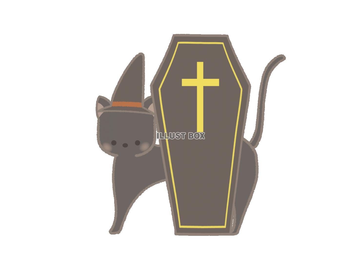 ハロウィン　棺桶と黒猫のイラスト　線あり
