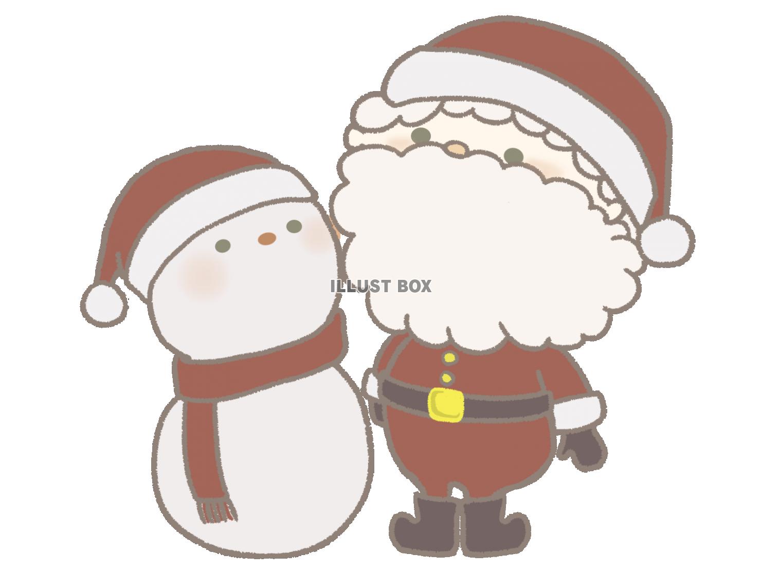 クリスマス　見上げるサンタさんと雪だるまのイラスト　線あり