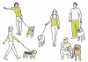 犬を連れた人物のシンプルな線画イラストセット