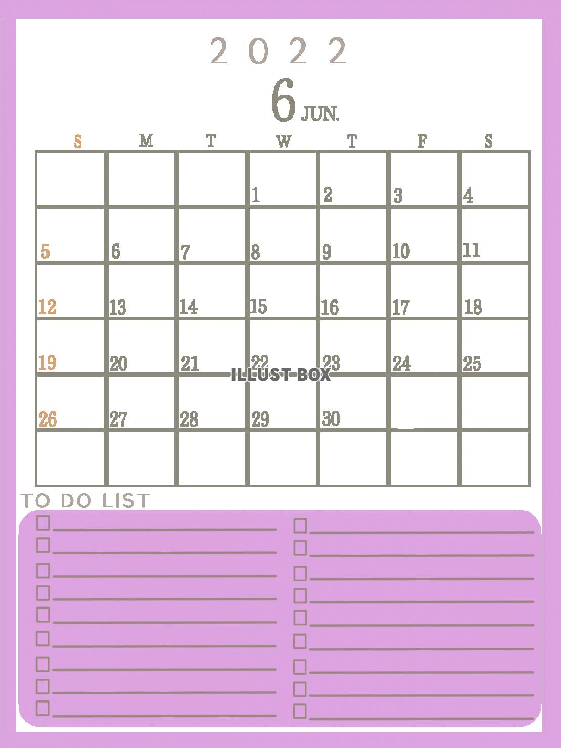 ２０２２年　TODOリストのあるシンプルなカレンダー（６月）
