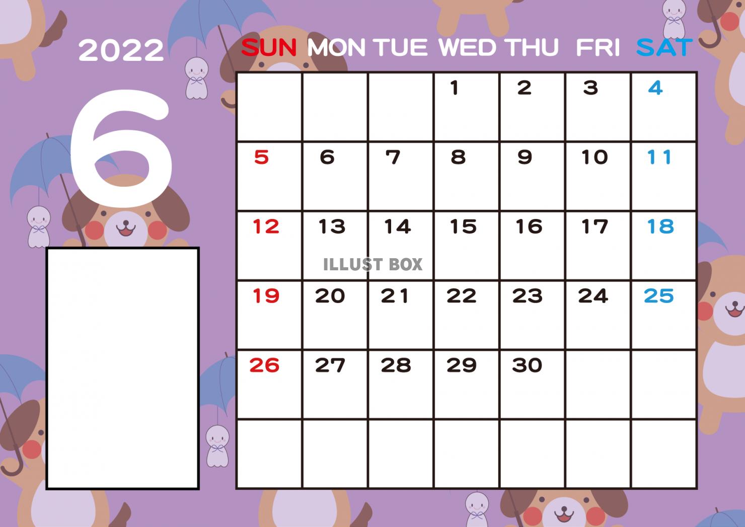 6_カレンダー_2022・6月・イヌ・梅雨・薄紫・横