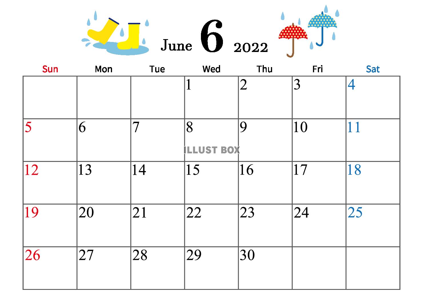 2022年 6月　かわいいイラスト付きカレンダー