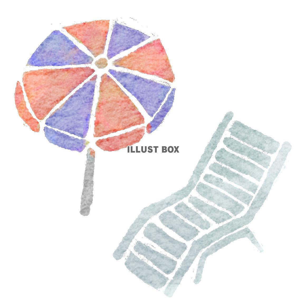  水彩木版画風のビーチパラソルと椅子