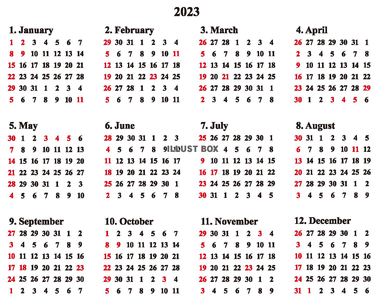 2023年　カレンダー日付け４
