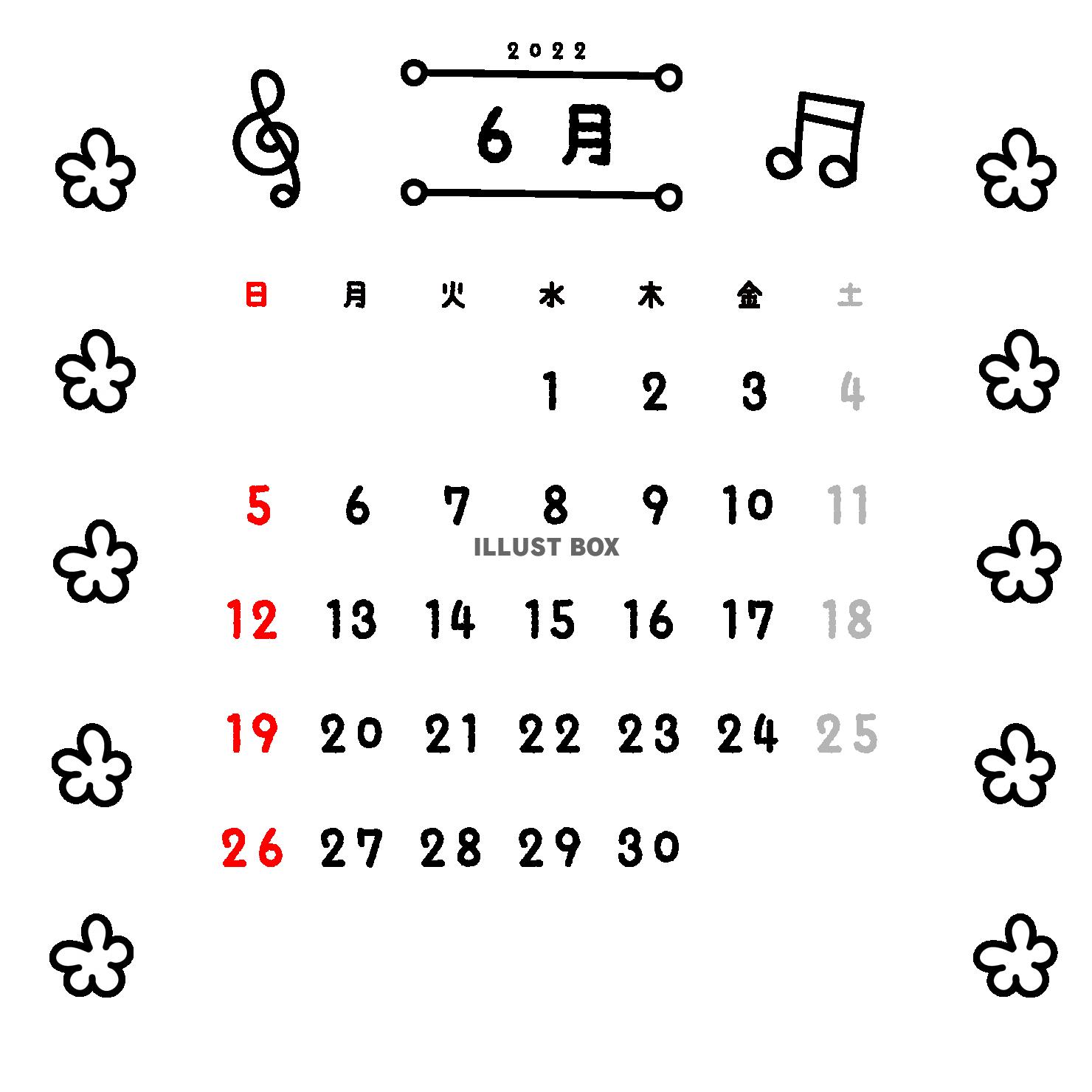 6_月間カレンダー_2022年6月・花・音符