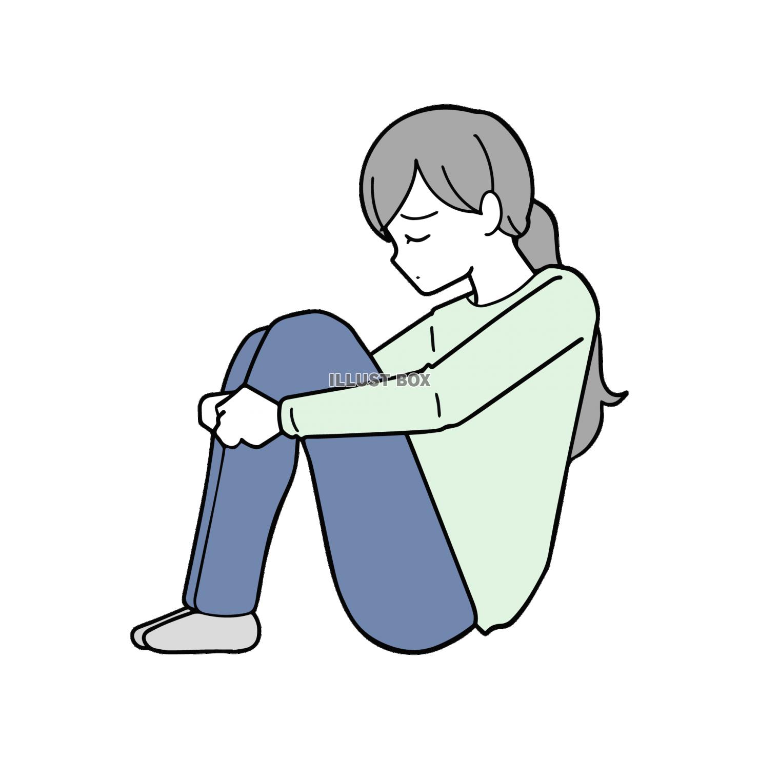 不安や悩みで膝を抱えて座る女性のイラスト