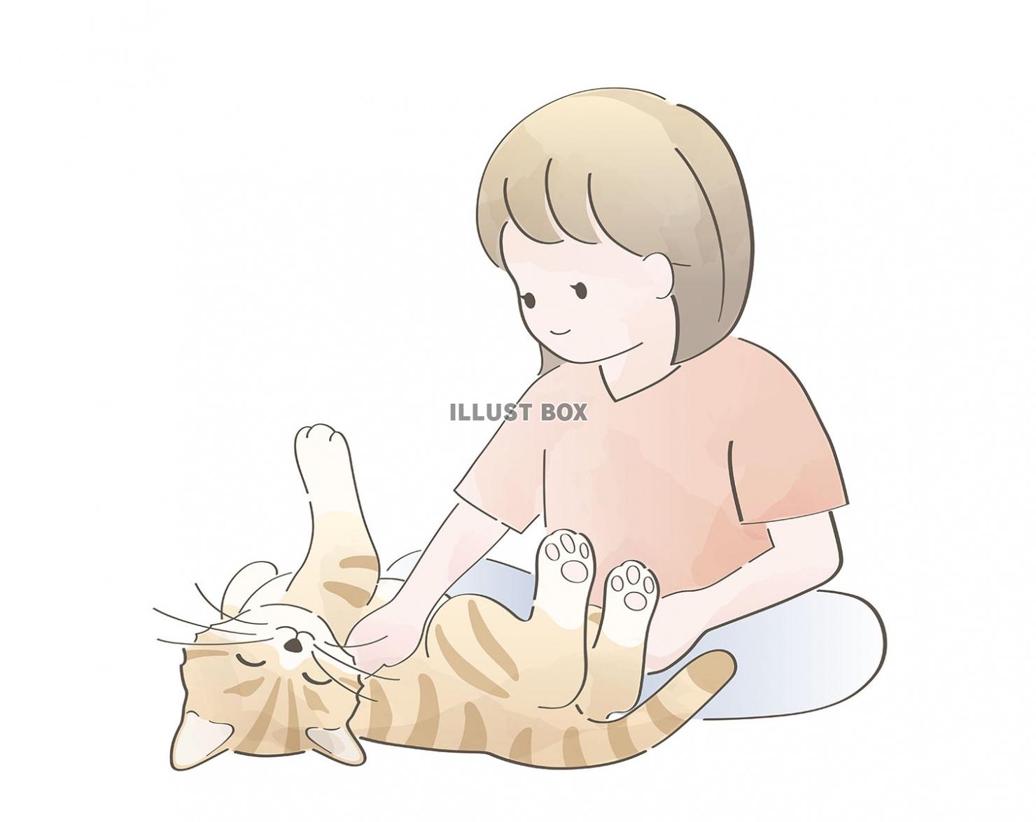 猫と遊ぶ女の子の水彩風イラスト