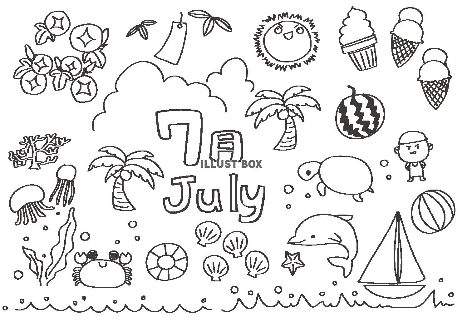 7月海と夏のイメージセット線画