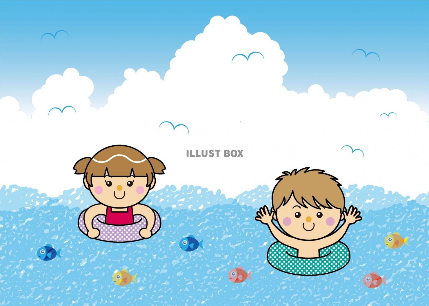 夏シーズンに使える海と空と子どもたちのイラスト