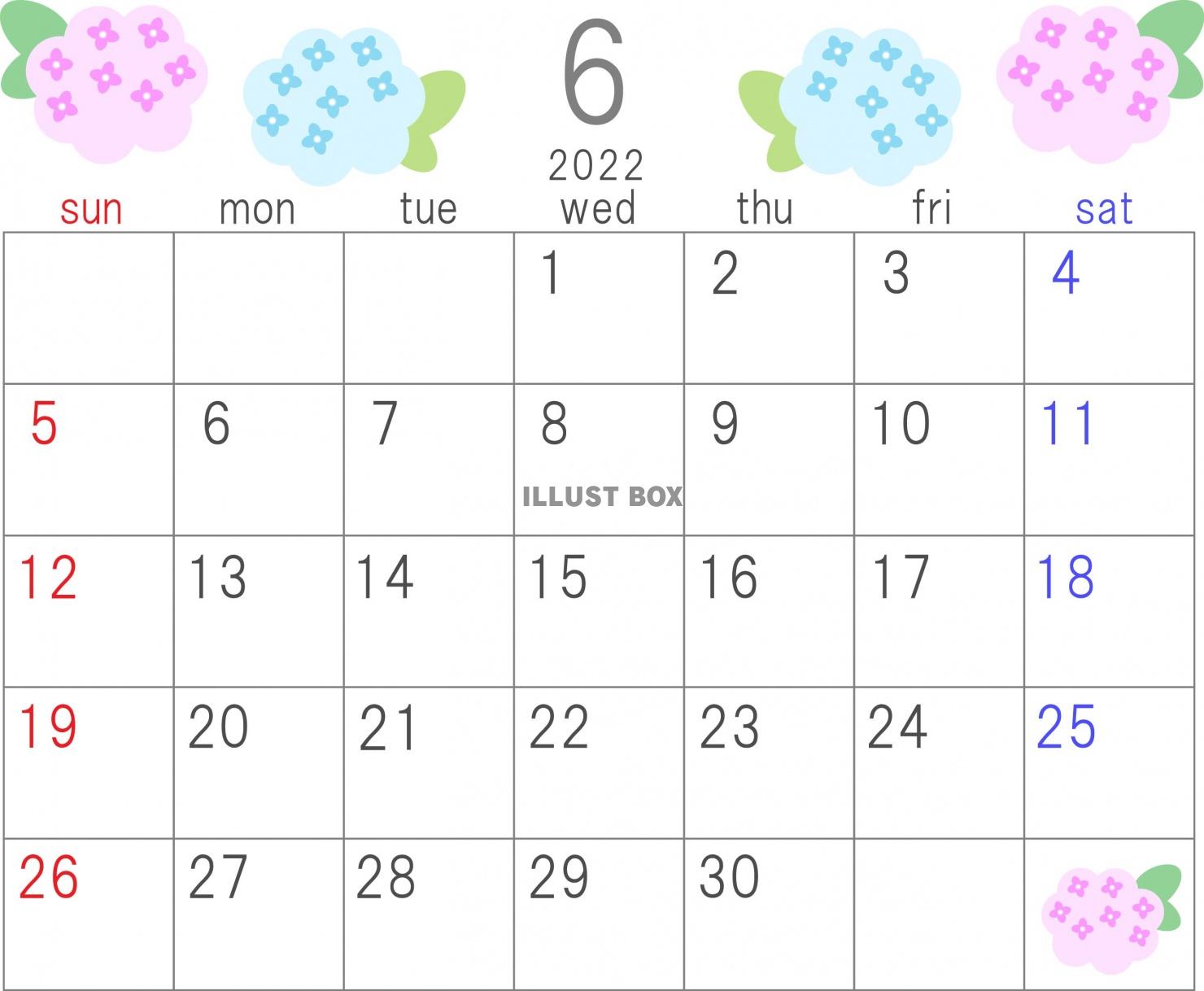 2022年6月のカレンダー素材、アジサイの花の横型のカレンダ...