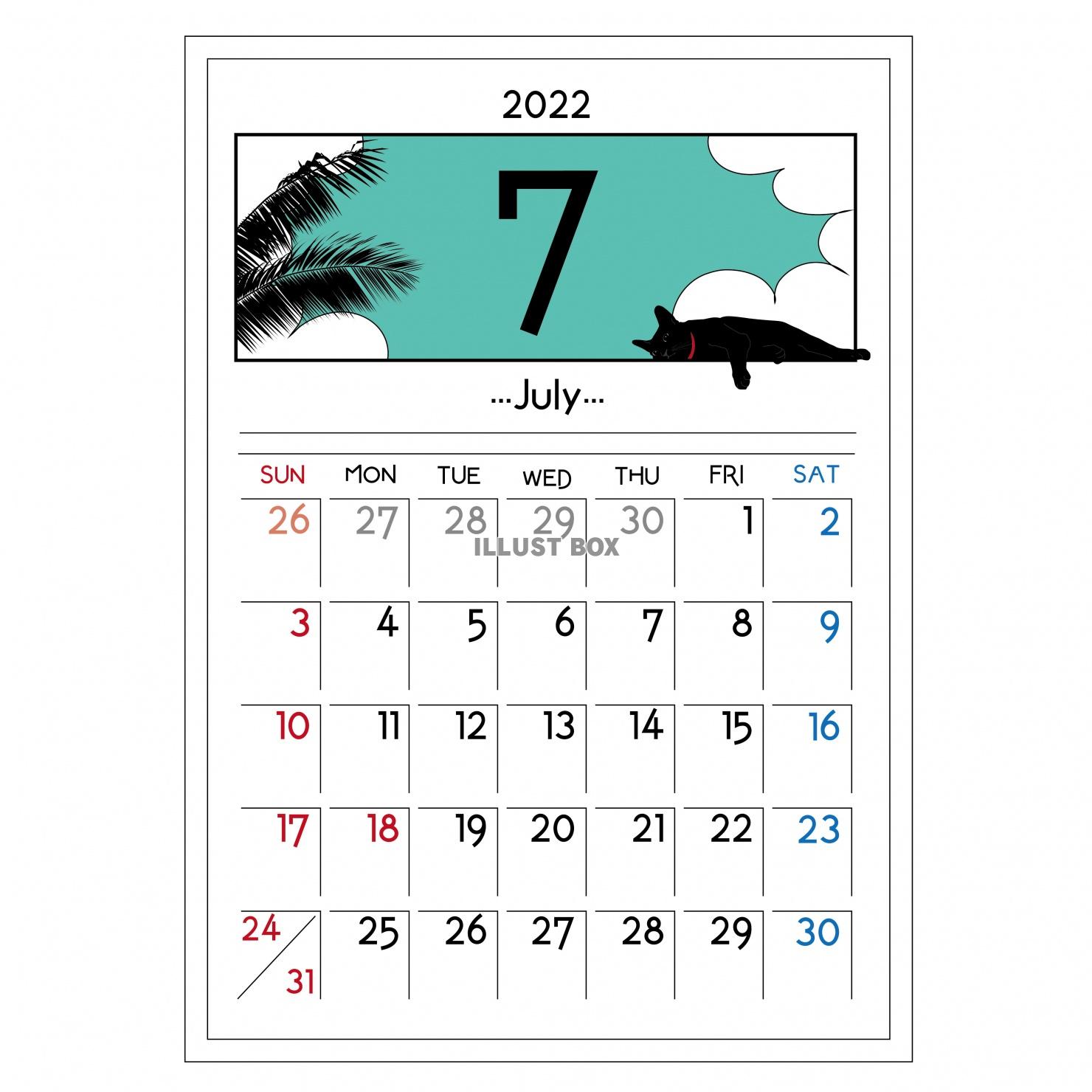 黒猫のイラストカレンダー　2022年7月　修正分